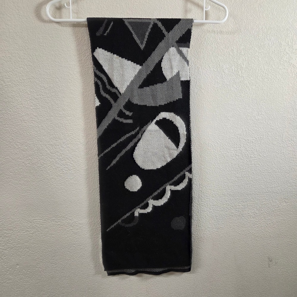 Vintage Abstract Geometric Knit Scarf Black Grey White Modernist 10x55